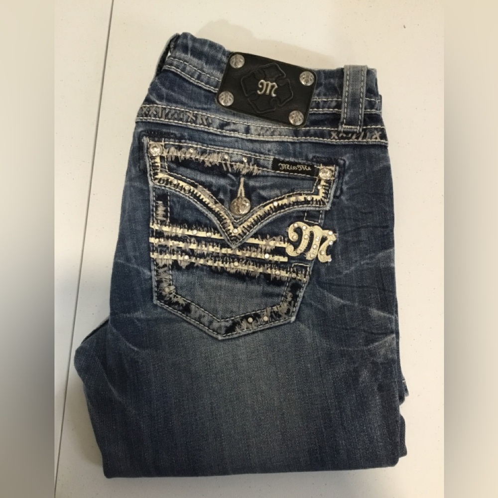 Miss Me Distressed Dark Blue Bootcut Jeans with Embellished Pockets, Vintage